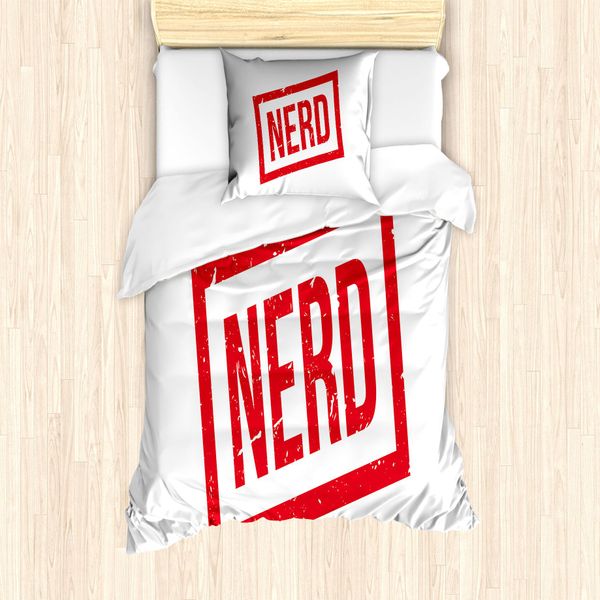Abakuhaus Set Copripiumino Geeky Per Letti Singoli, Stile Grunge Nerd, Antiacaro, Adatto A Chi Soffre Di Allergie, Con Federa, 135 Cm X 200 Cm - 80 X 80 Cm, Bianco Vermiglio-image