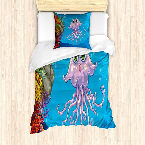 Abakuhaus Set Copripiumino Per Letto Singolo, Motivo Acquatico, Antiacaro, Adatto A Chi Soffre Di Allergie, Con Federa, 135 Cm X 200 Cm - 80 X 80 Cm, Blu Azzurro Multicolore-image