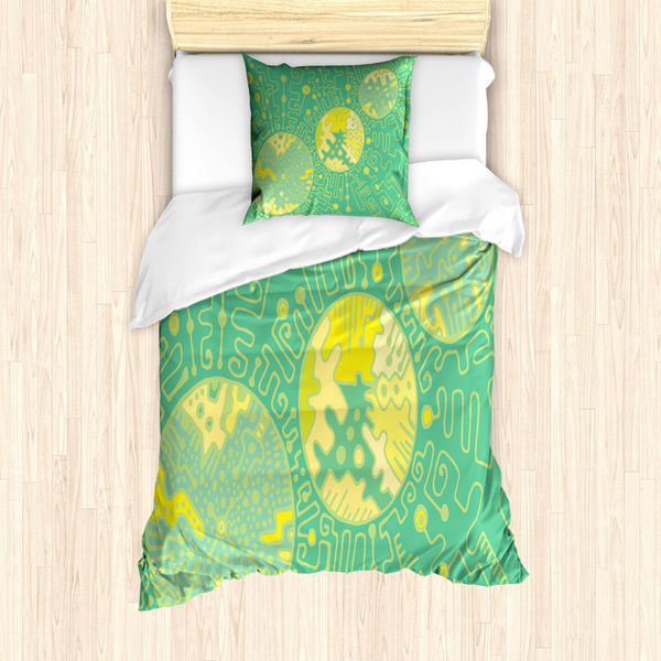 Abakuhaus Set Copripiumino Astratto Surreale Per Letti Singoli, Scarabocchi, Antiacaro, Adatto A Chi Soffre Di Allergie, Con Federa, 135 Cm X 200 Cm - 80 X 80 Cm, Verde Trifoglio Giallo-image