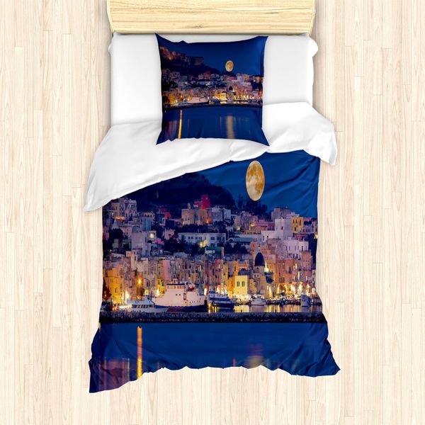 Abakuhaus Set Copripiumino Nottocean Per Letti Singoli, Full Moon Sea, Antiacaro, Adatto A Chi Soffre Di Allergie, Con Federa, 135 Cm X 200 Cm - 80 X 80 Cm, Blu Notte Multicolore-image