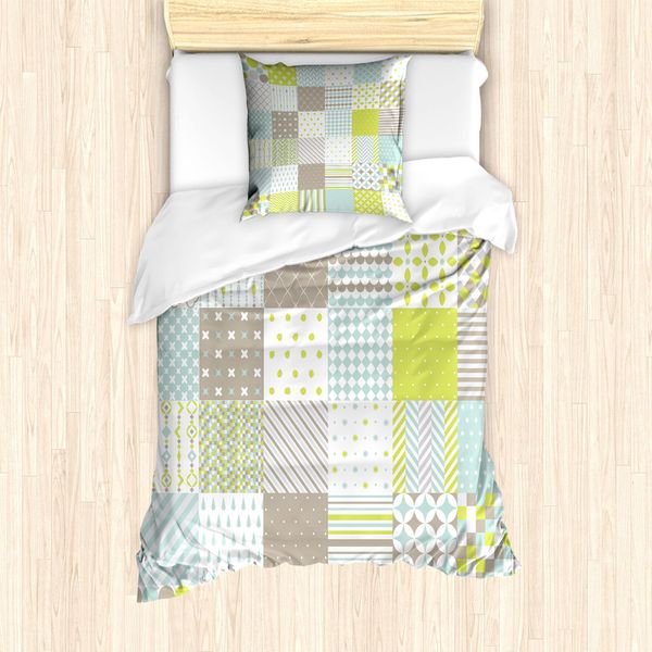 Abakuhaus Set Copripiumino Geometrico Per Letti Singoli, Abstract Squares, Antiacaro, Adatto A Chi Soffre Di Allergie, Con Federa, 135 Cm X 200 Cm - 80 X 80 Cm, Verde Avocado Pale Sepia-image