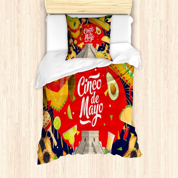 Abakuhaus Cinco De Mayo Set Copripiumino Per Letti Singoli, Festeggiamenti Messicani, Antiacaro, Adatto A Chi Soffre Di Allergie, Con Federa, 135 Cm X 200 Cm - 80 X 80 Cm, Multicolore-image