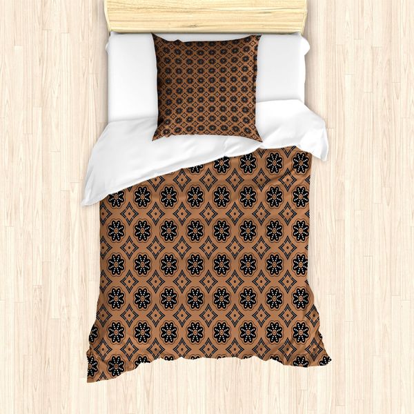 Abakuhaus Set Copripiumino Aborigeno Per Letti Singoli, Geometric Floral Folk, Antiacaro, Adatto A Chi Soffre Di Allergie, Con Federa, 135 Cm X 200 Cm - 80 X 80 Cm, Color Umbra Coke Grigio-image