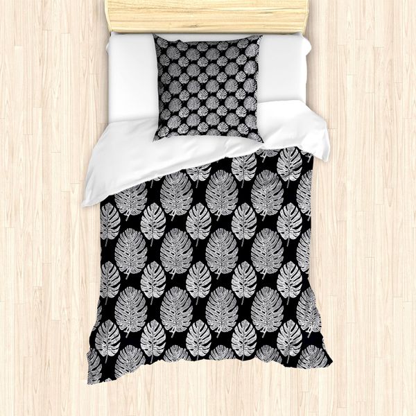 Abakuhaus Set Copripiumino Per Letto Singolo Philodendron, Modernistic Leaves Kunst, Antiacaro E Anallergico Con Federa, 135 Cm X 200 Cm - 80 X 80 Cm, Grigio Antracite E Bianco-image
