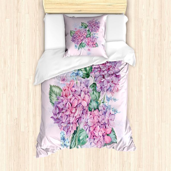Abakuhaus Set Copripiumino Hortensie, Bouquet Primaverili Floreali Vintage Acquerellati Grunge, 135 X 200 Cm + 80 X 80 Cm, Rosa Baby Multicolore-image