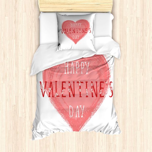 Abakuhaus Set Copripiumino Vintage Valentine Per Letti Singoli, Motivi Floreali E Parole D'amore, Antiacaro E Anallergico, Con Federa, 135 Cm X 200 Cm - 80 X 80 Cm, Corallo Vermiglio-image