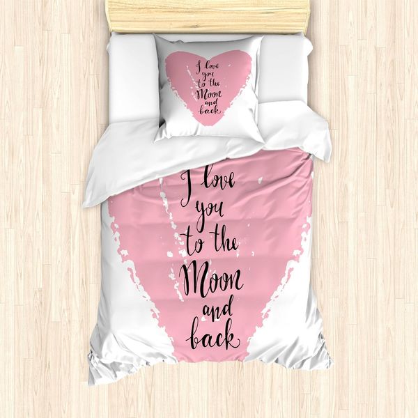 Set Copripiumino Abakuhaus Vintage Valentine, Scritta "Ti Amo Fino Alla Luna E Ritorno"" Su Cuore Sporco, 135 X 200 Cm + 80 X 80 Cm, Rosa Pallido E Grigio Carbone"-image
