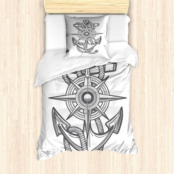 Abakuhaus Set Copripiumino Vintage Con Tatuaggi Nautici Per Letti Singoli, Disegno Di Ancora E Corda, Antiacaro E Anallergico, Con Federa, 135 Cm X 200 Cm - 80 X 80 Cm, Viola-Blu E Bianco-image