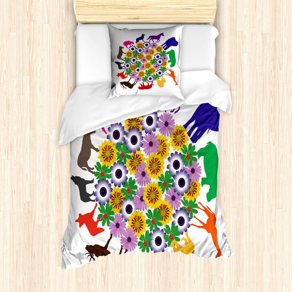 Abakuhaus Set Copripiumino Silhouette Per Letti Singoli, Fiori E Animali Selvatici, Antiacaro, Adatto A Chi Soffre Di Allergie, Con Federa, 135 Cm X 200 Cm - 80 X 80 Cm, Multicolore-image