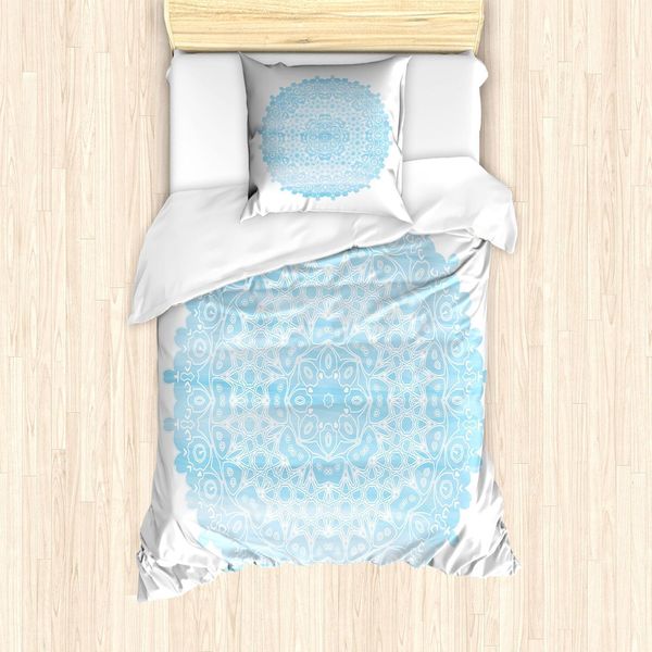 Abakuhaus Set Copripiumino Mandala Blu, Effetto Acquerello Sfumato Con Motivo Circolare, Dettagli Floreali, 135 X 200 Cm + 80 X 80 Cm, Azzurro Pallido-image