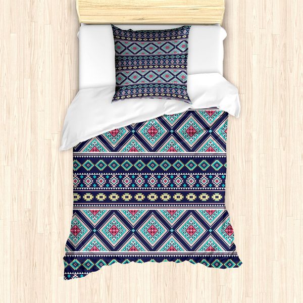 Abakuhaus Set Copripiumino Azteco Per Letti Singoli, Arte Geometrica Folcloristica, Antiacaro, Adatto A Chi Soffre Di Allergie, Con Federa, 135 Cm X 200 Cm - 80 X 80 Cm, Blu Notte Multicolore-image