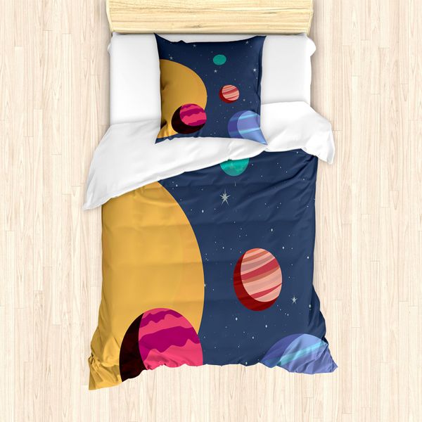 Abakuhaus Set Copripiumino Per Letti Singoli, Cartoon Pianeti Colorati, Antiacaro Adatto A Chi Soffre Di Allergie Con Federa, 135 Cm X 200 Cm - 80 X 80 Cm, Multicolore-image