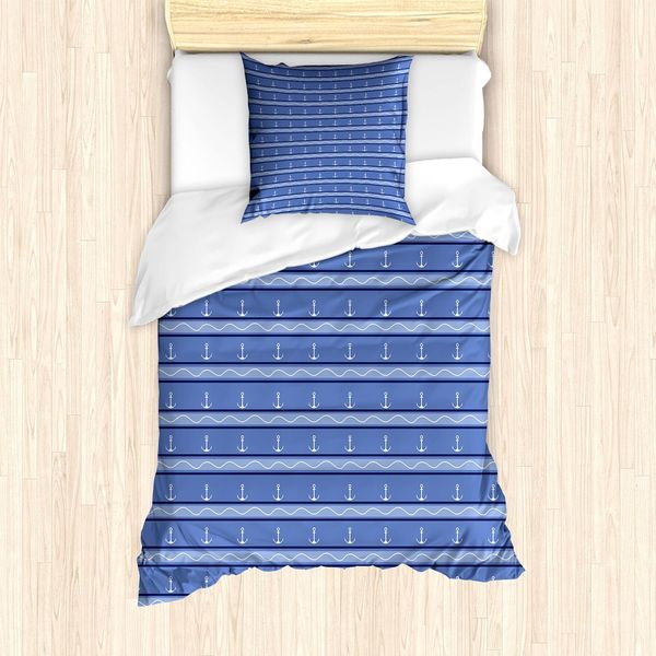 Set Copripiumino Abakuhaus Con Motivo A Strisce Vintage, Ancore Marine, Onde E Linee, 135 X 200 Cm + 80 X 80 Cm, Blu Cielo E Bianco-image