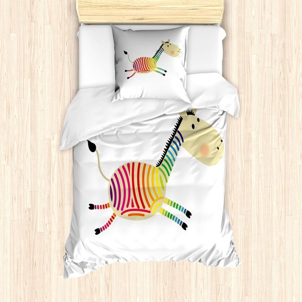 Abakuhaus Set Copripiumino Arcobaleno Zebra Per Letti Singoli, Allegri Animali Cartoon, Antiacaro, Adatto A Chi Soffre Di Allergie, Con Federa, 135 Cm X 200 Cm - 80 X 80 Cm, Bianco E Multicolore-image