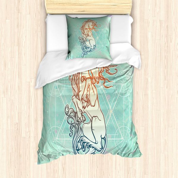 Abakuhaus Set Copripiumino Alchimie Per Letti Singoli, Unicorno Su Motivo Geometrico, Antiacaro, Adatto A Chi Soffre Di Allergie, Con Federa, 135 Cm X 200 Cm - 80 X 80 Cm, Seafoam Multicolor-image