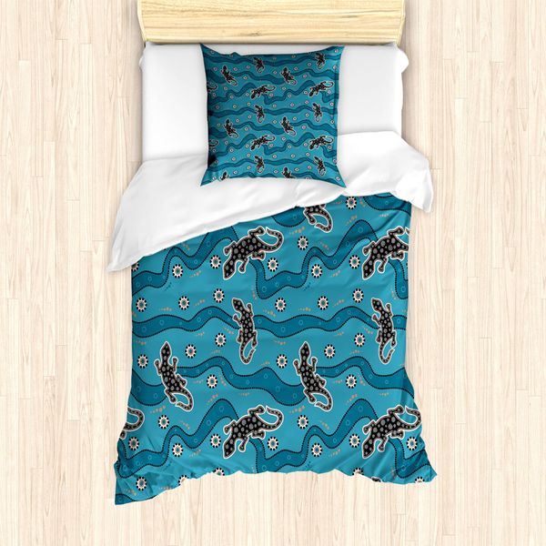 Abakuhaus Set Copripiumino Aborigeno Per Letti Singoli, Rettile, Antiacaro, Adatto A Chi Soffre Di Allergie, Con Federa, 135 Cm X 200 Cm - 80 X 80 Cm, Blu Mare E Tortora Scuro-image