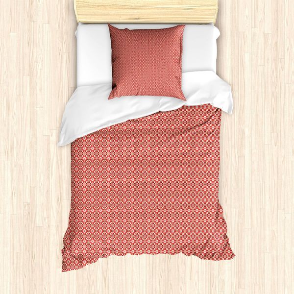 Abakuhaus Set Copripiumino Marocchino, Motivo Floreale Ripetitivo Ispirato Alle Piastrelle, 135 X 200 Cm + 80 X 80 Cm, Champagne Vermiglio-image