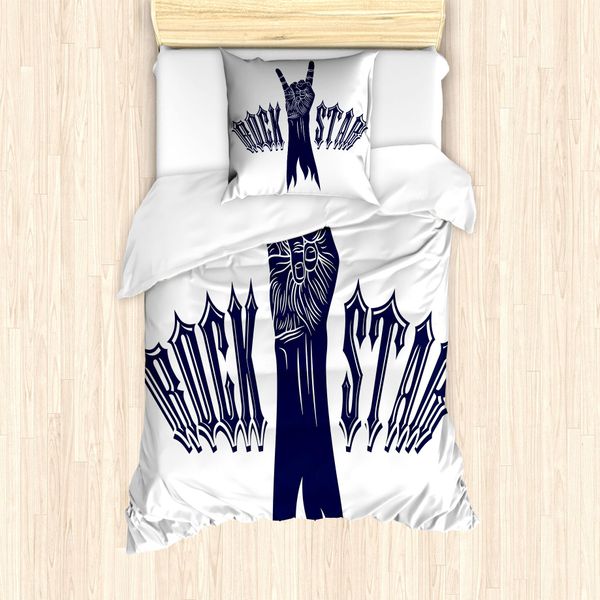 Abakuhaus Set Copripiumino Rock'n'Roll Per Letti Singoli, Rockstar, Antiacaro, Adatto A Chi Soffre Di Allergie, Con Federa, 135 Cm X 200 Cm - 80 X 80 Cm, Viola Scuro, Blu, Bianco-image