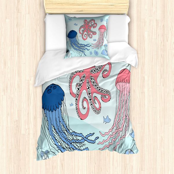 Abakuhaus Set Copripiumino Per Letto Singolo, Cartoon Untertier, Antiacaro, Adatto A Chi Soffre Di Allergie, Con Federa, 135 Cm X 200 Cm - 80 X 80 Cm, Corallo Azzurro Pallido-image