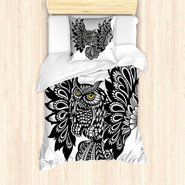 Abakuhaus Set Copripiumino Con Stampa Gufo Per Letti Singoli, Uccello Ornamentale, Antiacaro, Adatto A Chi Soffre Di Allergie, Con Federa, 135 Cm X 200 Cm - 80 X 80 Cm, Grigio Antracite E Giallo-image