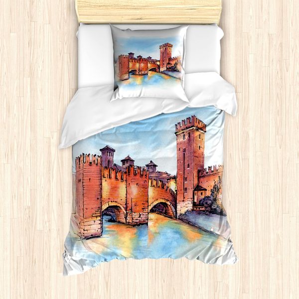 Set Copripiumino Da Viaggio Abakuhaus Per Letti Singoli, Acquerello Edifici Medievali, Antiacaro, Adatto A Chi Soffre Di Allergie, Con Federa, 135 Cm X 200 Cm - 80 X 80 Cm, Multicolore-image
