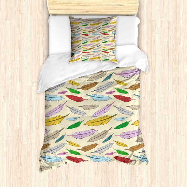 Set Copripiumino Retrò Abakuhaus Per Letti Singoli, Motivo Bohemien Con Piume, Antiacaro E Anallergico, Con Federa, 135 Cm X 200 Cm - 80 X 80 Cm, Color Guscio D'uovo E Multicolore-image