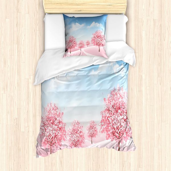Abakuhaus Set Copripiumino Primaverile Per Letti Singoli, Blooming Sakura Baum-Szene, Antiacaro, Adatto A Chi Soffre Di Allergie, Con Federa, 135 Cm X 200 Cm - 80 X 80 Cm, Azzurro Cielo Rosa Pastello-image