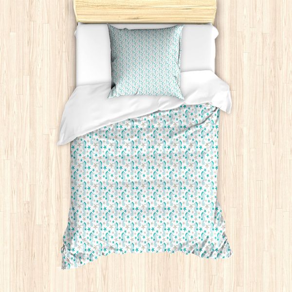 Abakuhaus Set Copripiumino Nautico Per Letti Singoli, Seahorses And Starfish, Antiacaro, Adatto A Chi Soffre Di Allergie, Con Federa, 135 Cm X 200 Cm - 80 X 80 Cm, Dunkler Seafoam Pale Sepia-image