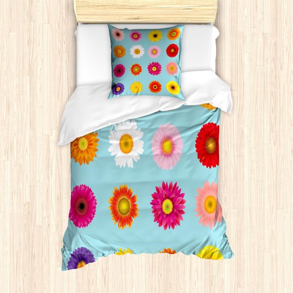 Abakuhaus Set Copripiumino Gerber Daisy Per Letti Singoli, Fiori Blooms, Antiacaro, Adatto A Chi Soffre Di Allergie, Con Federa, 135 Cm X 200 Cm - 80 X 80 Cm, Blu Pallido Multicolore-image