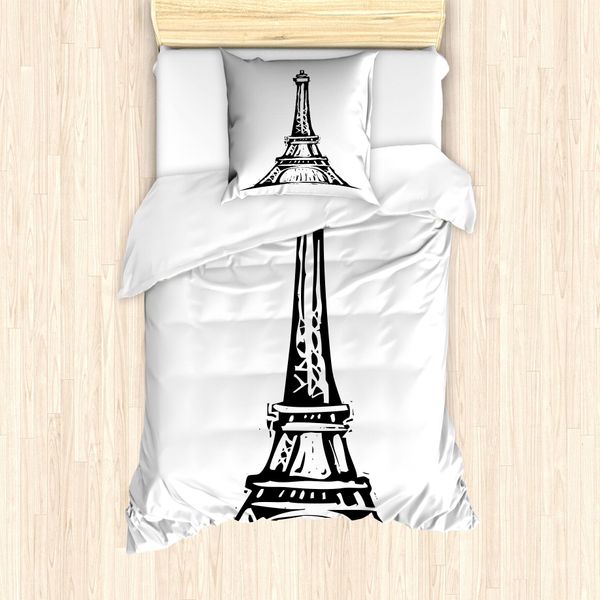 Abakuhaus Set Copripiumino Per Letto Singolo Torre Eiffel, Motivo Monocromatico, Antiacaro, Adatto A Chi Soffre Di Allergie, Con Federa, 135 Cm X 200 Cm - 80 X 80 Cm, Grigio Antracite E Bianco-image
