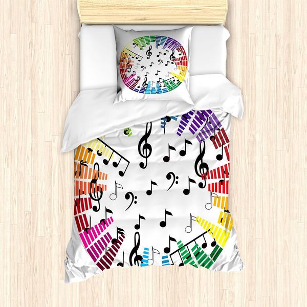 Set Copripiumino Abakuhaus Con Motivo Musicale, Design Arcobaleno Colorato Con Ritmo E Note Musicali, 135 X 200 Cm + 80 X 80 Cm, Grigio Antracite Multicolore-image