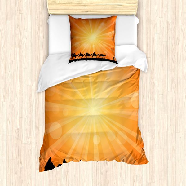 Abakuhaus Set Copripiumino Per Letto Singolo, Effetto Sunburst E Cammelli, Antiacaro, Adatto A Chi Soffre Di Allergie, Con Federa, 135 Cm X 200 Cm - 80 X 80 Cm, Grigio Antracite Arancione-image