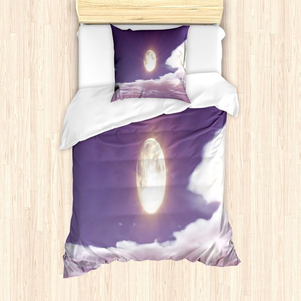 Abakuhaus Set Copripiumino Per Letto Singolo, Luna Piena E Nuvole, Antiacaro E Anallergico, Con Federa, 135 Cm X 200 Cm - 80 X 80 Cm, Viola, Grigio, Rosa-image