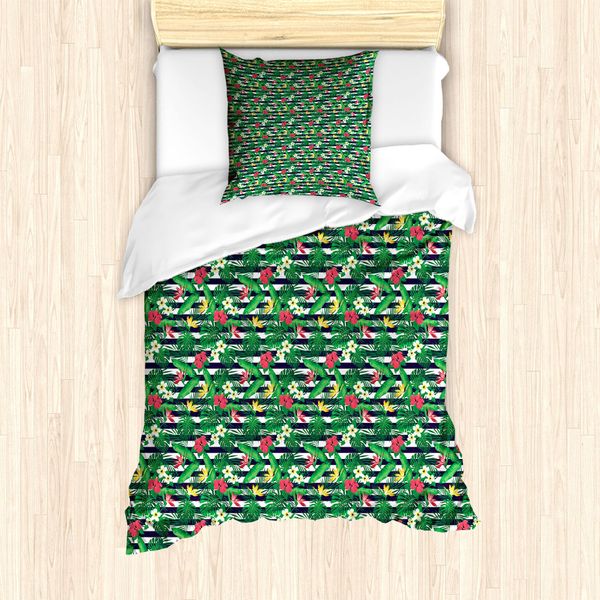 Abakuhaus Set Copripiumino Esotico Per Letti Singoli, Jungle Bouquets Navy Streifen, Antiacaro, Adatto A Chi Soffre Di Allergie, Con Federa, 135 Cm X 200 Cm - 80 X 80 Cm, Multicolore-image