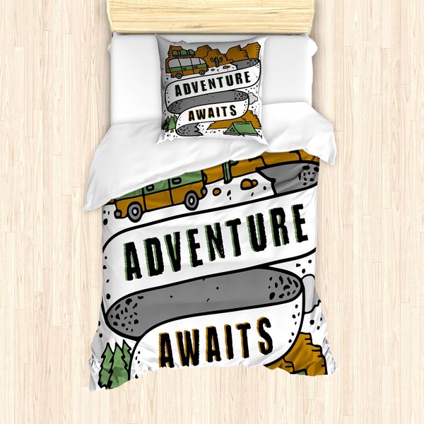 Abakuhaus Set Copripiumino Per Letti Singoli, Grafica Camping Van Doodle, Antiacaro, Adatto A Chi Soffre Di Allergie, Con Federa, 135 Cm X 200 Cm - 80 X 80 Cm, Caramello Grigio Bianco-image