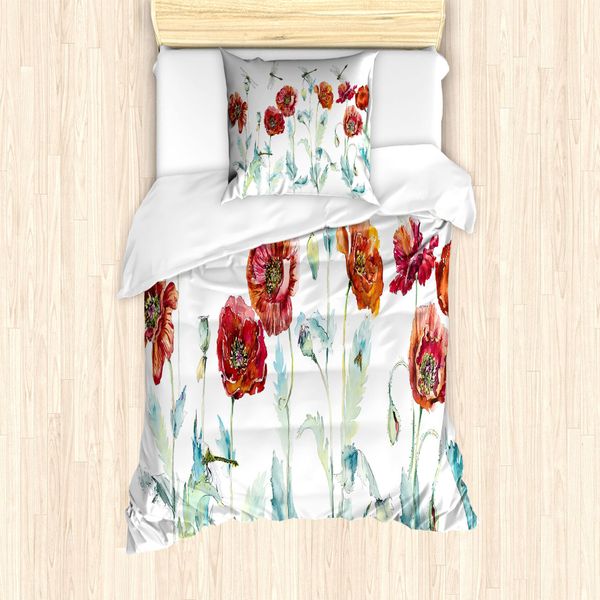 Abakuhaus Set Copripiumino Per Letto Singolo Con Motivo Floreale E Insetti, Papaveri Acquerellati, Antiacaro, Adatto A Chi Soffre Di Allergie, Con Federa, 135 Cm X 200 Cm - 80 X 80 Cm, Multicolore-image