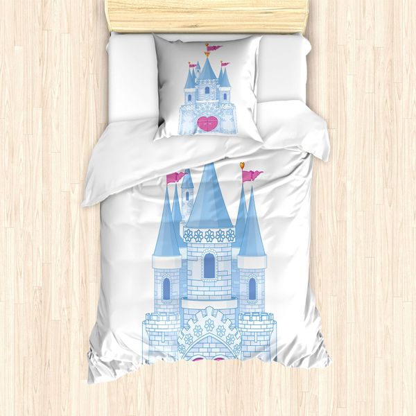 Abakuhaus Set Copripiumino Per Letto Singolo, Romantico Castello Da Favola, Antiacaro, Adatto A Chi Soffre Di Allergie, Con Federa, 135 Cm X 200 Cm - 80 X 80 Cm, Rosa Pallido E Azzurro Cielo-image