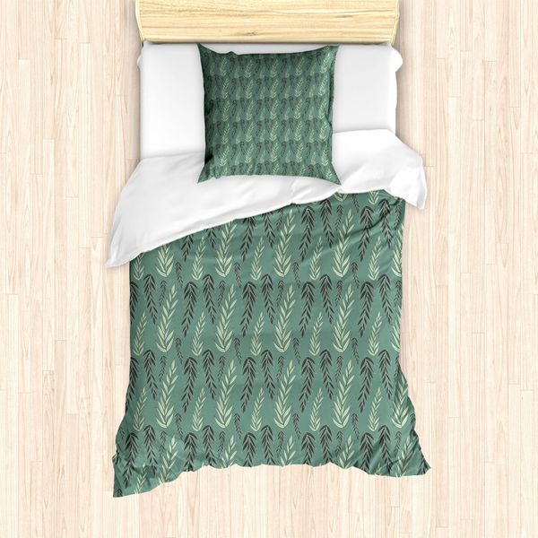 Abakuhaus Set Copripiumino Dai Colori Tenui Per Letti Singoli, Decorato Con Rami Fogliati, Antiacaro, Adatto A Chi Soffre Di Allergie, Con Federa, 135 Cm X 200 Cm - 80 X 80 Cm, Verde Alloro Verde Chiaro-image