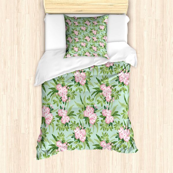 Abakuhaus Set Copripiumino Per Letto Singolo, Hibiscus Blooming Bouquets, Antiacaro, Adatto A Chi Soffre Di Allergie, Con Federa, 135 Cm X 200 Cm - 80 X 80 Cm, Verde Oliva Seafoam Rosa-image