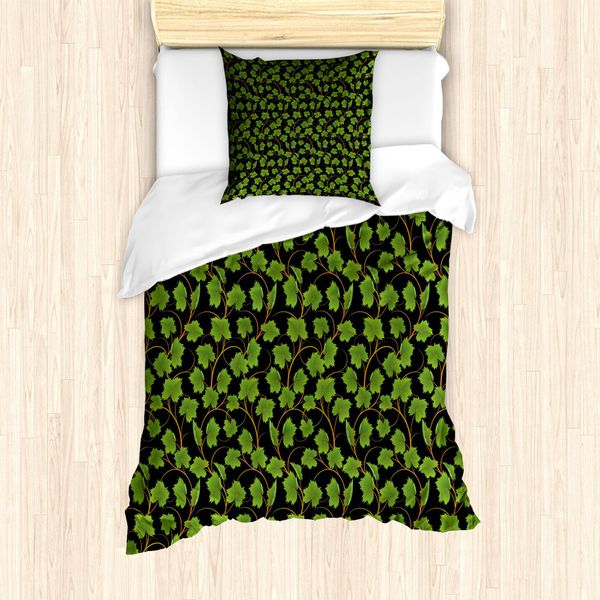Set Copripiumino Abakuhaus Per Letti Singoli, Foglie Di Vite Su Sfondo Scuro, Antiacaro E Anallergico, Con Federa, 135 Cm X 200 Cm - 80 X 80 Cm, Verde Oliva, Nero, Ambra-image