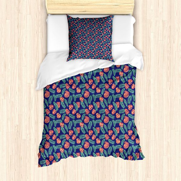 Abakuhaus Set Copripiumino Per Letto Singolo Philodendron, Botanical Leaves, Antiacaro, Adatto A Chi Soffre Di Allergie, Con Federa, 135 Cm X 200 Cm - 80 X 80 Cm, Indigo Burnt Sienna-image