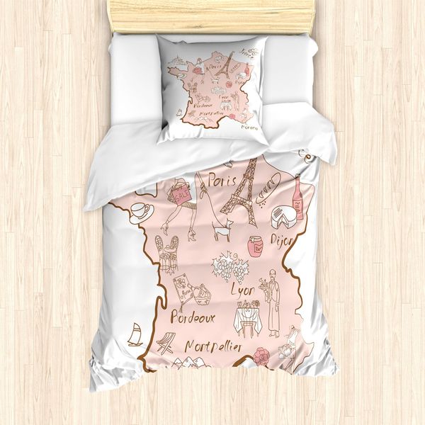 Abakuhaus Set Copripiumino Per Letto Singolo Torre Eiffel, Typography Map, Antiacaro E Anallergico Con Federa, 135 Cm X 200 Cm - 80 X 80 Cm, Blush Umber E Bianco-image