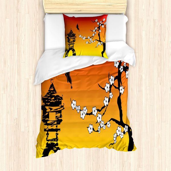 Abakuhaus Set Copripiumino Per Letti Singoli Con Motivo Floreale, Sakura Japanese, Antiacaro, Adatto A Chi Soffre Di Allergie, Con Federa, 135 Cm X 200 Cm - 80 X 80 Cm, Giallo Vermiglio-image