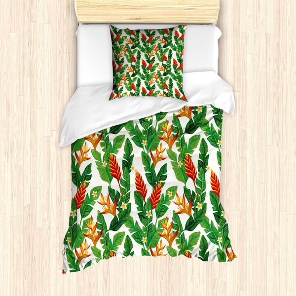 Abakuhaus Set Copripiumino Botanico Per Letti Singoli, Vibrant Banana Leaves Art, Antiacaro, Adatto A Chi Soffre Di Allergie, Con Federa, 135 Cm X 200 Cm - 80 X 80 Cm, Fern Green Vermilion-image