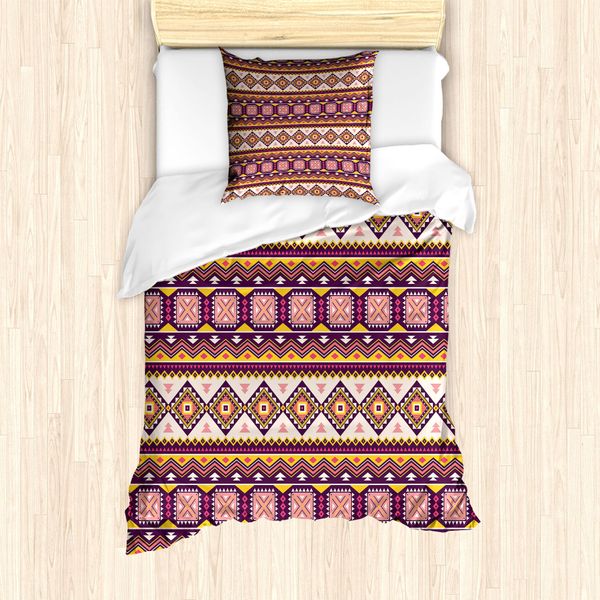 Abakuhaus Set Copripiumino Azteco Per Letti Singoli, Triangles Vibrant Tone Kunst, Antiacaro, Adatto A Chi Soffre Di Allergie, Con Federa, 135 Cm X 200 Cm - 80 X 80 Cm, Salmone Melanzana-image