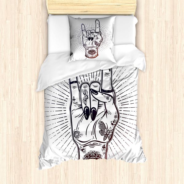 Abakuhaus Set Copripiumino Rock'n'Roll Per Letti Singoli, Mano Tatuata, Antiacaro, Adatto A Chi Soffre Di Allergie, Con Federa, 135 Cm X 200 Cm - 80 X 80 Cm, Rosso-Marrone Scuro Viola-image