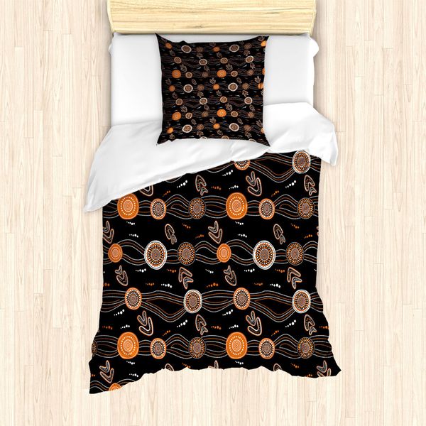 Abakuhaus Set Copripiumino Aborigeno Per Letti Singoli, Waves Dots E Boomerang, Antiacaro, Adatto A Chi Soffre Di Allergie, Con Federa, 135 Cm X 200 Cm - 80 X 80 Cm, Grigio Arancione-image