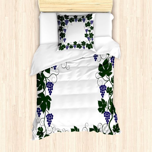 Abakuhaus Set Copripiumino Per Letti Singoli, Motivo Grafico Con Foglie Di Vite, Antiacaro E Anallergico, Con Federa, 135 Cm X 200 Cm - 80 X 80 Cm, Verde Scuro E Indaco-image