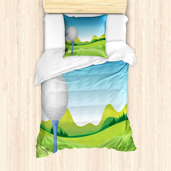 Abakuhaus Set Copripiumino Per Letto Singolo Con Motivo Golf, Pallina E Erba, Antiacaro, Adatto A Chi Soffre Di Allergie, Con Federa, 135 Cm X 200 Cm - 80 X 80 Cm, Azzurro Cielo E Verde Lime-image
