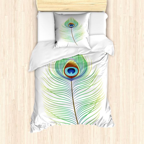 Set Copripiumino Abakuhaus Per Letti Singoli, Single Retro Plume Peacock, Antiacaro, Adatto A Chi Soffre Di Allergie, Con Federa, 135 Cm X 200 Cm - 80 X 80 Cm, Fern Green Multicolor-image